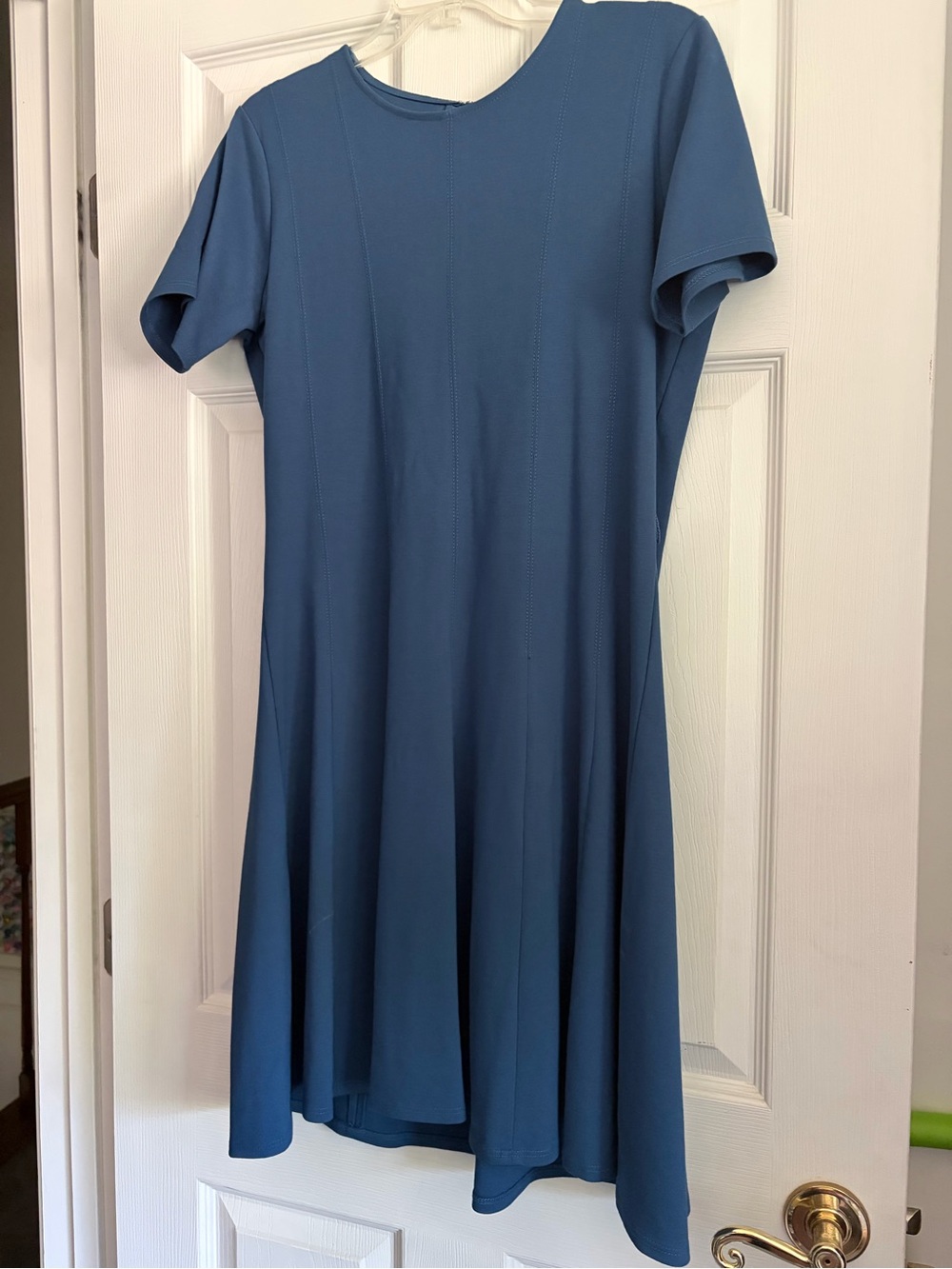 Ann Taylor Dusty Blue Short-Sleeve Midi Fit-and-Flare Dress